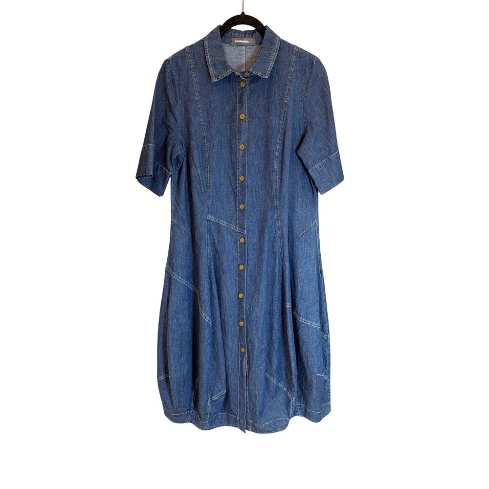 Alembika Barbie Denim Button Front Midi Dress Blue Short Sleeve Lagenlook Size 1